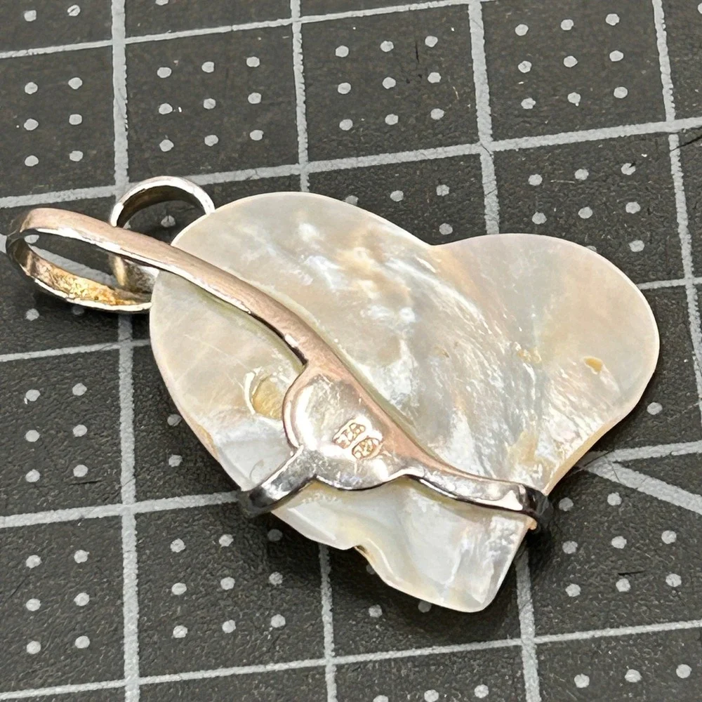Vintage Sterling Silver 925 Overlay Mother of Pearl Heart Pendant CZ‎ Accent